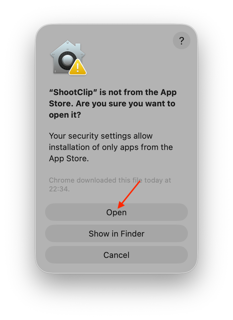 Confirmation dialog — click Open